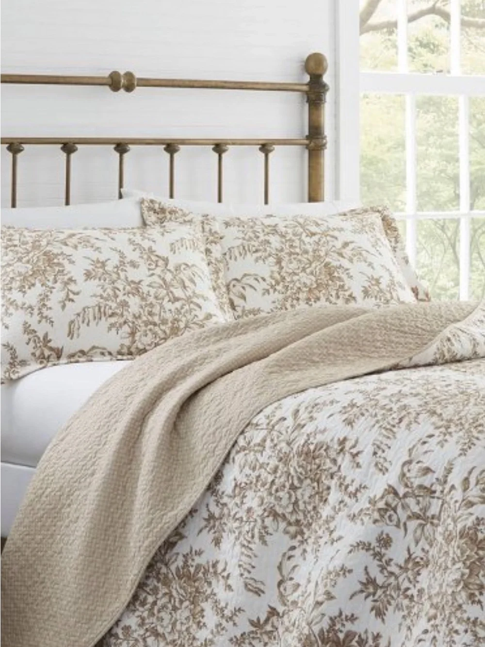 Laura Ashley~ Twin Bedford Floral Mocha 2Pc Quilt Set Reversible ~ 100% Cotton